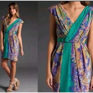Tibi New York Size 8 100% Silk Dress V-Neck Faux Wrap Teal Watercolor Dress